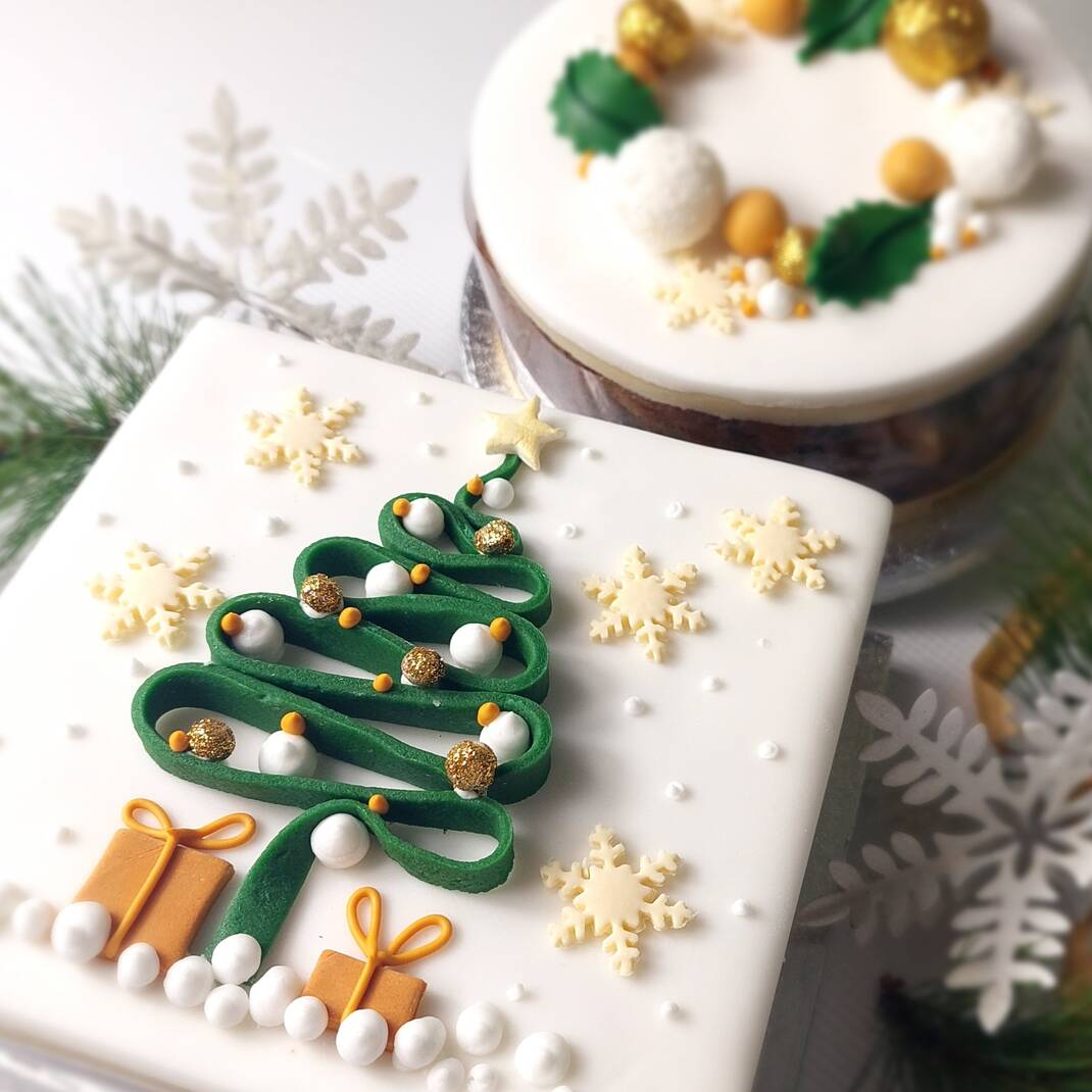 6 inch Square Christmas Tree Decorated Fruit Cake